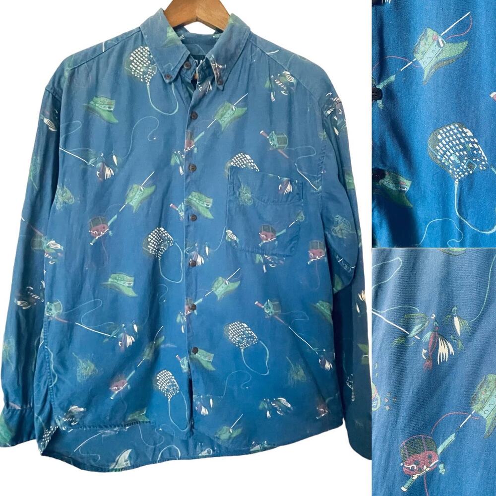 Vintage Gap Fishing Print Button Down Mens Shirt Size Large Rod Reel Tackle Lrg